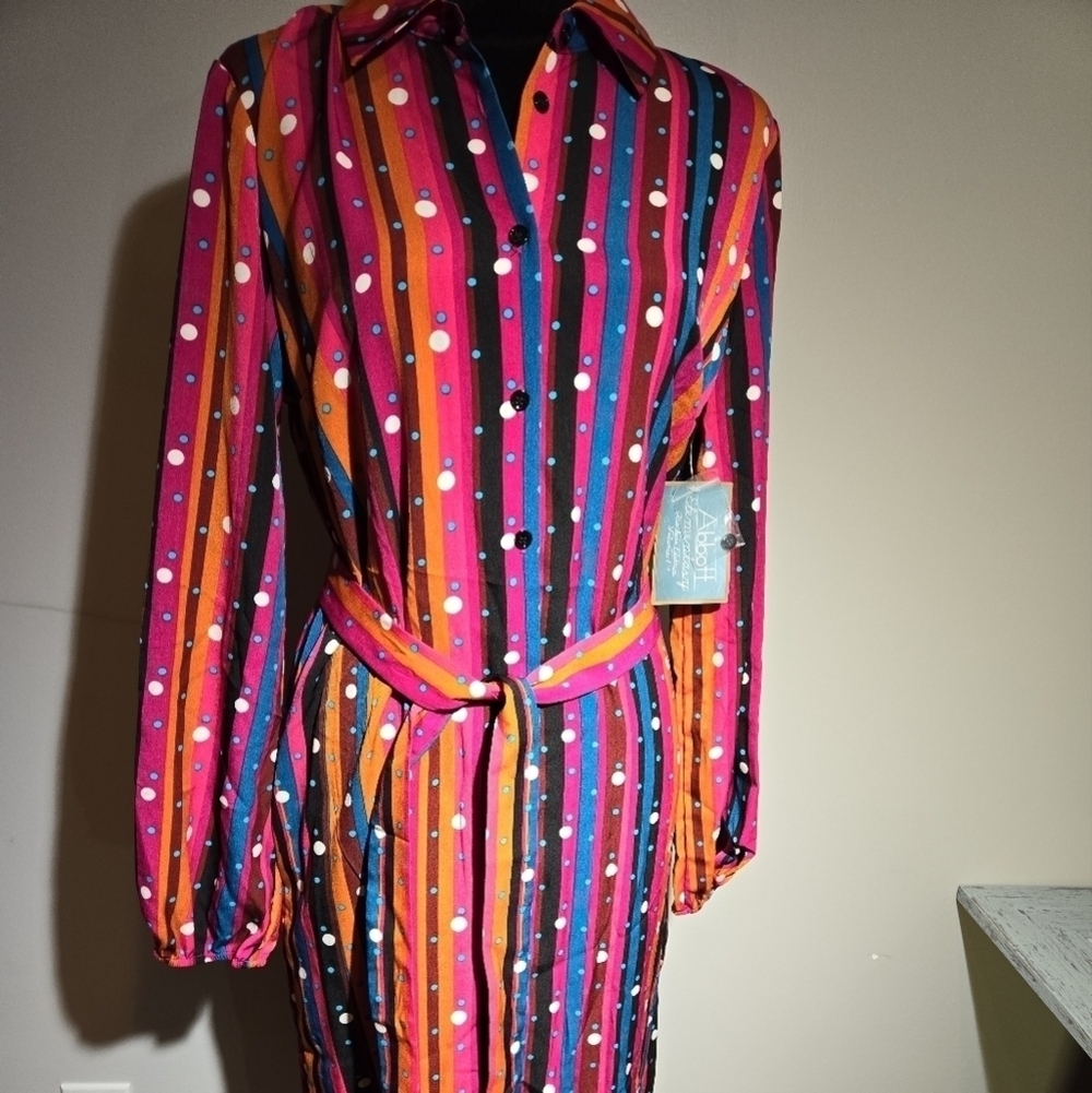 Striped Polka Dot Midi Shirt Dress - Pink Orange Blue
